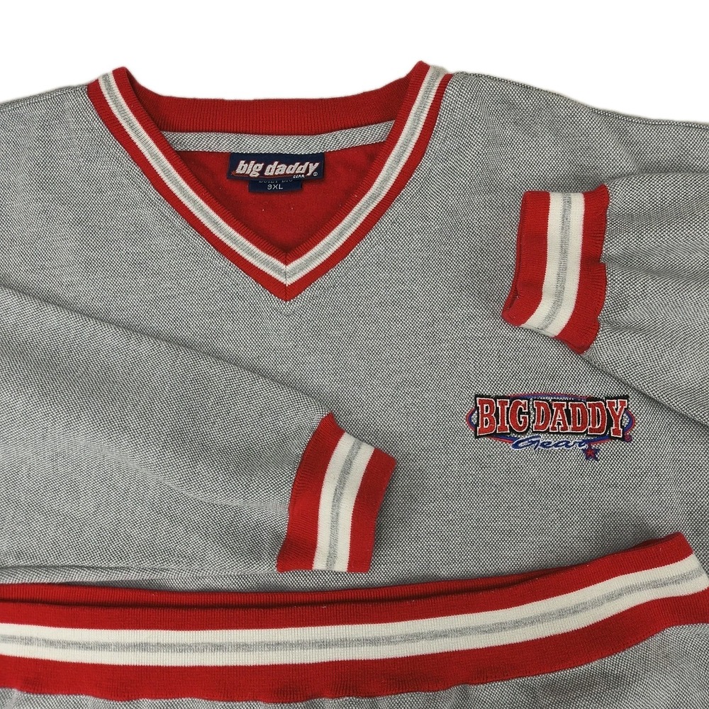 Big Daddy‎ Gear Mens 3XL Gray Red V-Neck Pullover Sweatshirt Vintage Y2K Striped